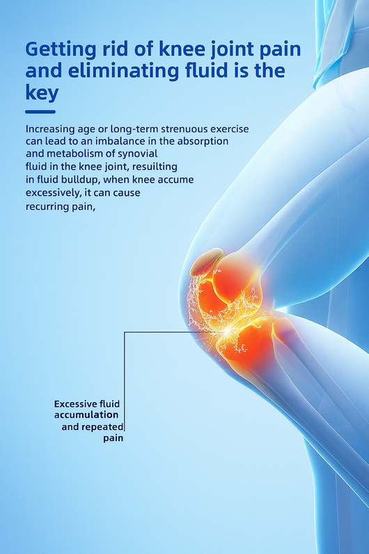 Illustration of a knee joint with fluid buildup on a blue background, accompanied by text about knee joint pain and fluid accumulation.