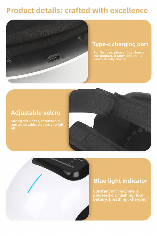 Product details with Type-C charging port, adjustable velcro, and blue light indicator on a white background.