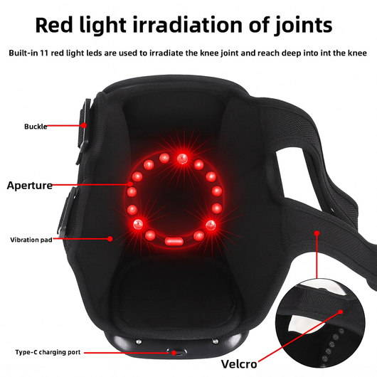 Black knee support device with red light irradiation features and labeled parts on a white background.